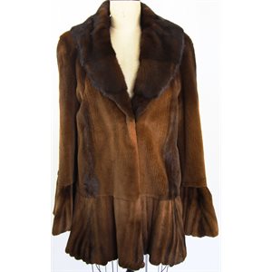 COGNAC SHEARED MINK COAT WITH LONG HAIR TRIM