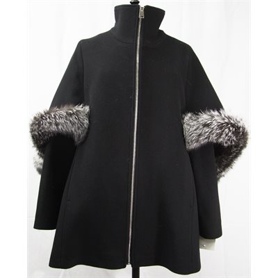 MANTEAU DE CACHEMIRE NOIR AVEC RENARD ARGENTÉ