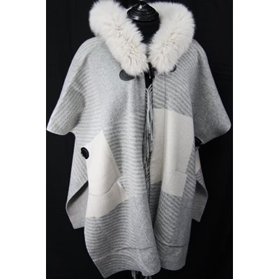 BEIGE-GREY WOOL CAPE WITH FOX TRIM