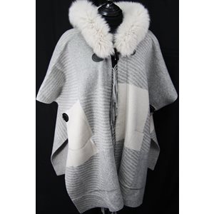 BEIGE-GREY WOOL CAPE WITH FOX TRIM