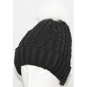 BLACK HAT WITH WHITE FOX POMPOM