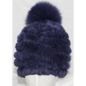 NAVY RABBIT HAT WITH FOX POMPOM